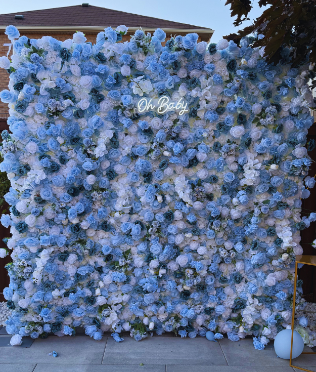 Beautiful blue flower wall backdrop for weddings, parties, and photo booths