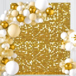 Golden shimmer party wall backdrop for rent, 6x4ft, perfect for birthdays, weddings, and luxury events in Toronto and GTA.