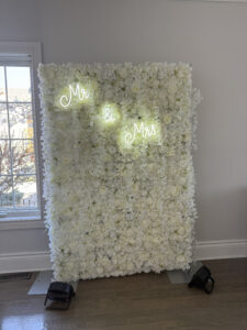 White floral wall backdrop for rent – perfect for weddings and elegant events