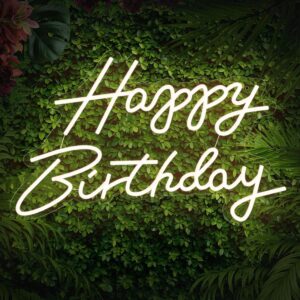 Happy Birthday" neon sign glowing brightly on a decorative flower wall, ideal for birthday party celebrations