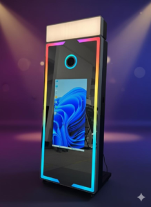 Mirror photo booth rental setup with party props for