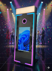 Elegant mirror photo booth rental setup with interactive touch screen and props for events in Toronto.
