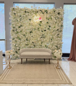Elegant white flower wall with premium silk roses and hydrangeas — perfect for weddings, bridal showers, and corporate events in Vaughan and the GTA.