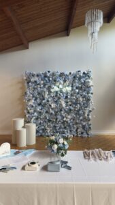 Stunning blue flower wall made with high-quality silk roses and hydrangeas — perfect for weddings, birthdays, and corporate events in Vaughan and the GTA.
