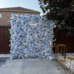 Luxury blue flower wall featuring premium silk roses and hydrangeas — perfect for birthdays, corporate events, and baby showers in Vaughan and the GTA.