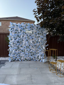Luxury blue flower wall featuring premium silk roses and hydrangeas — perfect for birthdays, corporate events, and baby showers in Vaughan and the GTA.