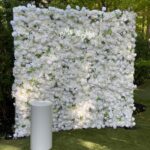 Elegant white flower wall made with premium silk roses and hydrangeas — perfect for weddings, bridal showers, and luxury events in Vaughan and the GTA.