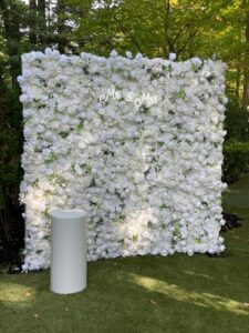 Elegant white flower wall made with premium silk roses and hydrangeas — perfect for weddings, bridal showers, and luxury events in Vaughan and the GTA.