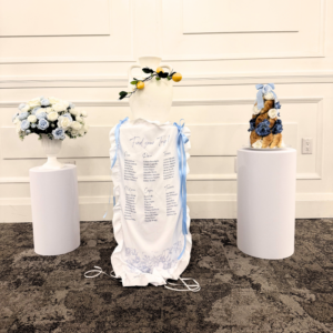 Elegant cake plinth display for wedding cake and dessert table setup