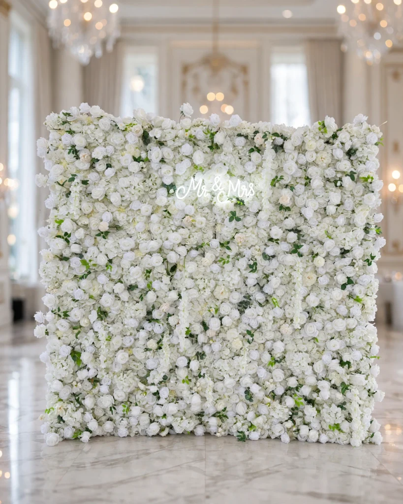 Luxury white 5D flower wall backdrop for weddings, engagements, birthdays, and special events in Toronto GTA
