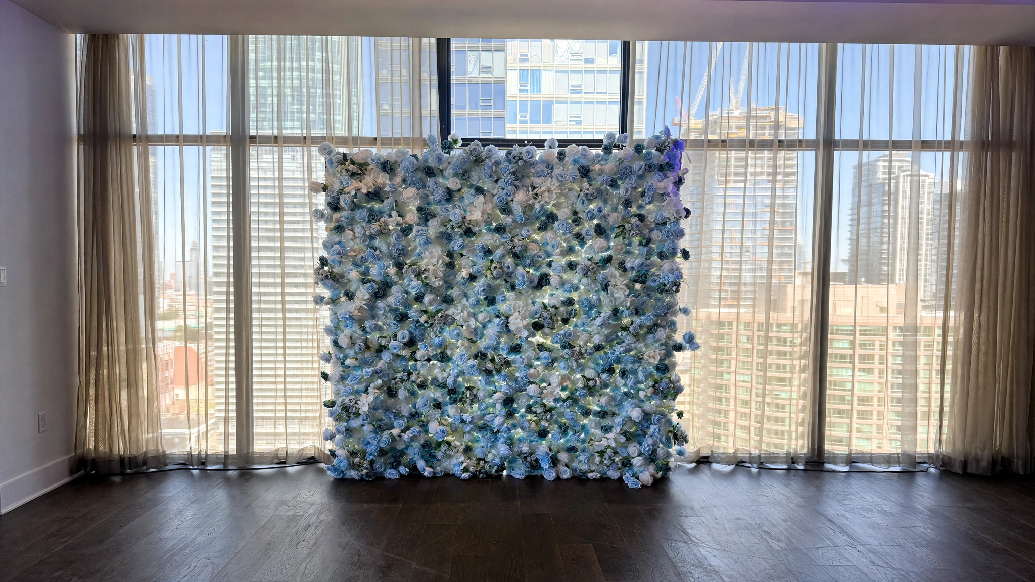 Luxury blue 5D flower wall backdrop for weddings, birthdays, baby showers, and special events in Toronto GTA
