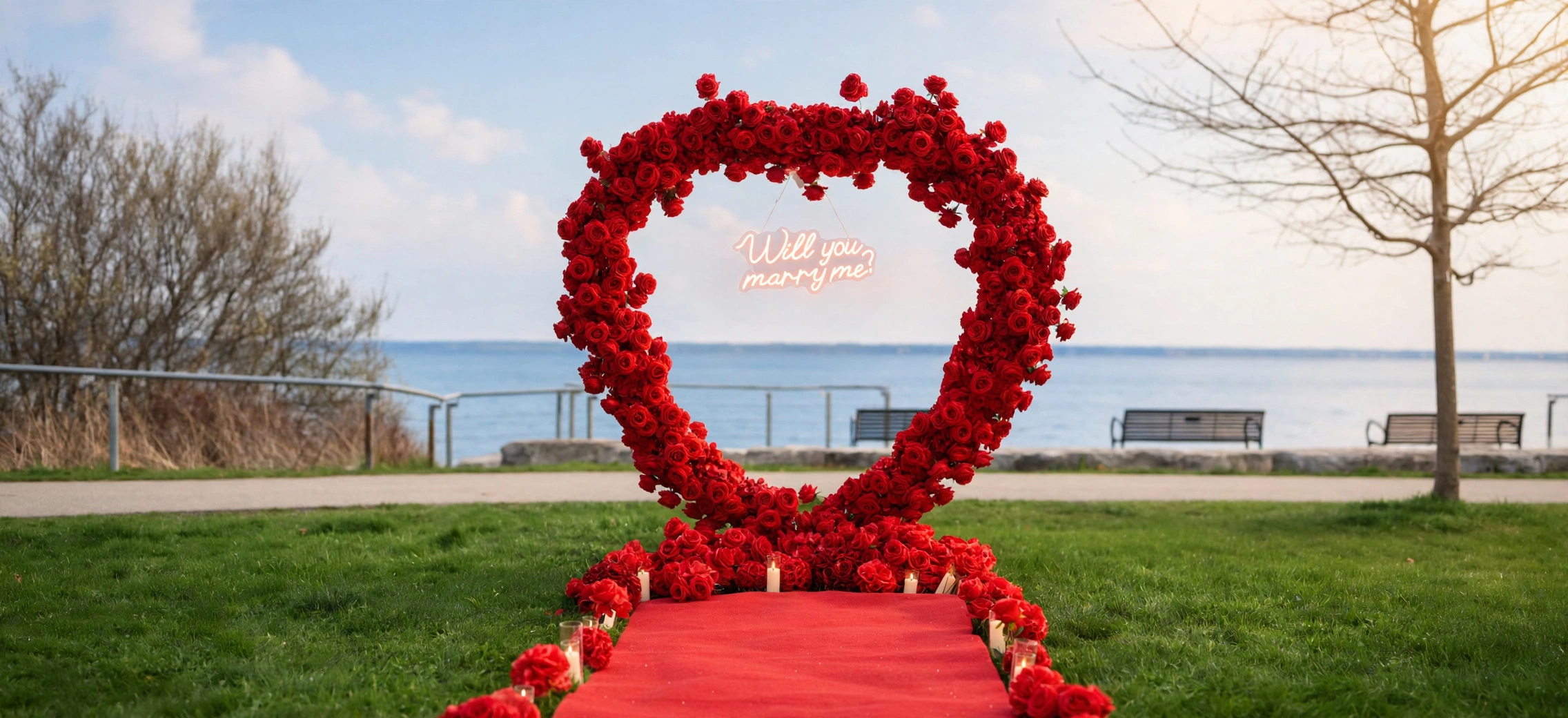 Heart Shape Flower Wall Proposal Setup with elegant floral décor for romantic events Caption