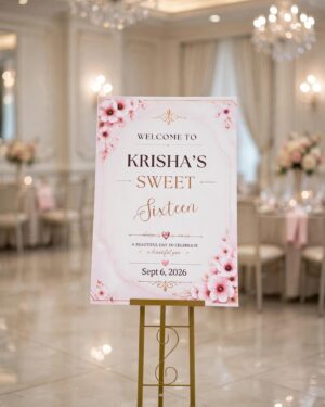 Custom Sweet 16 Welcome Sign - Pink Floral Cherry Blossom with Gold Easel