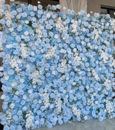 Blue rose 5D flower wall backdrop for weddings and baby showers, 9x9 feet, available for rent October 2025